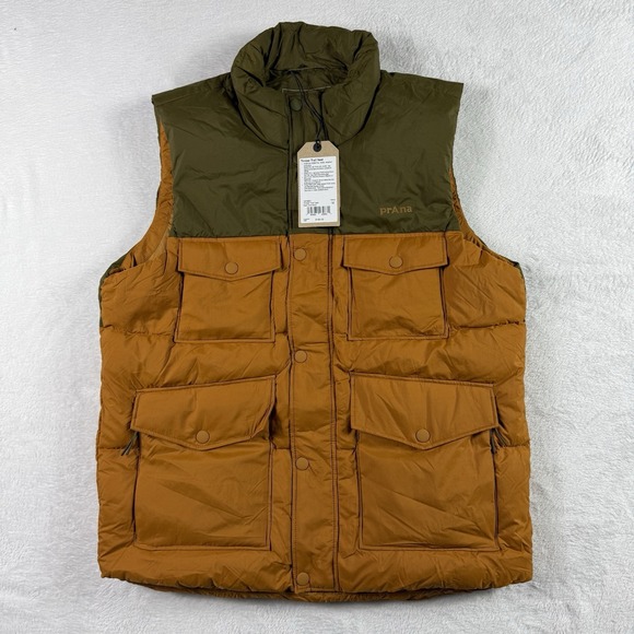 prAna Duck Down Timber Trail Vest Mens Medium Peat Colorblock Full Zip Puffer - Picture 2 of 9
